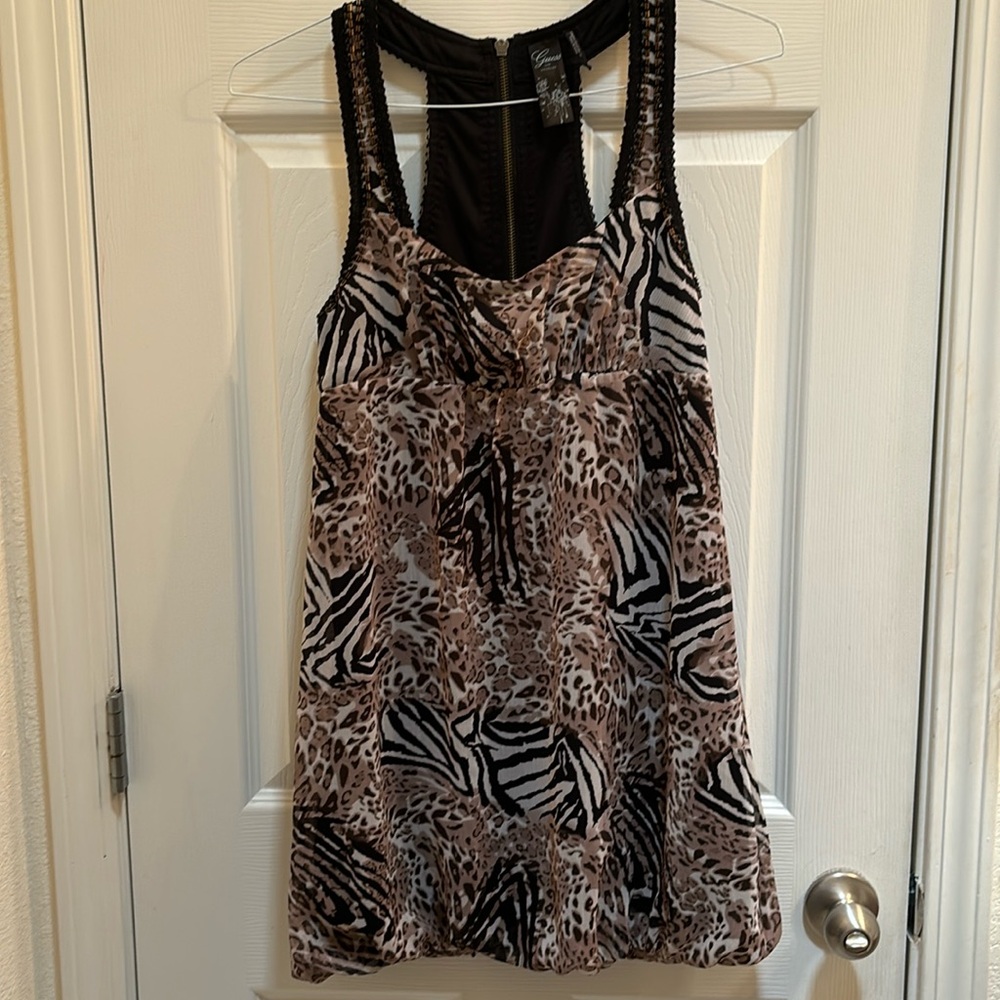 Vintage GUESS mini bubble hem dress, leopard animal print beaded racerback party
